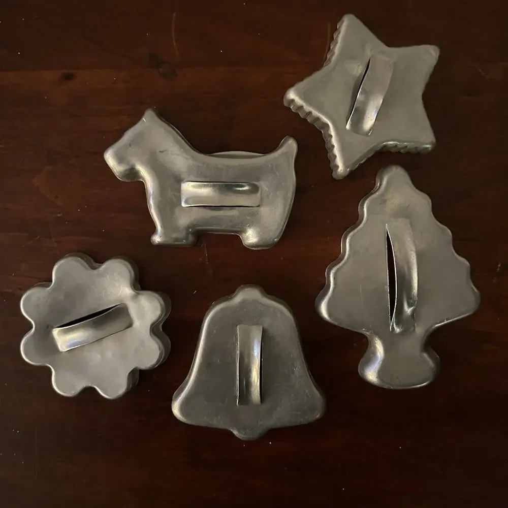 Vintage Aluminum Cookie Cutters Lot 5 Flower Bell Dog Star Christmas Tree